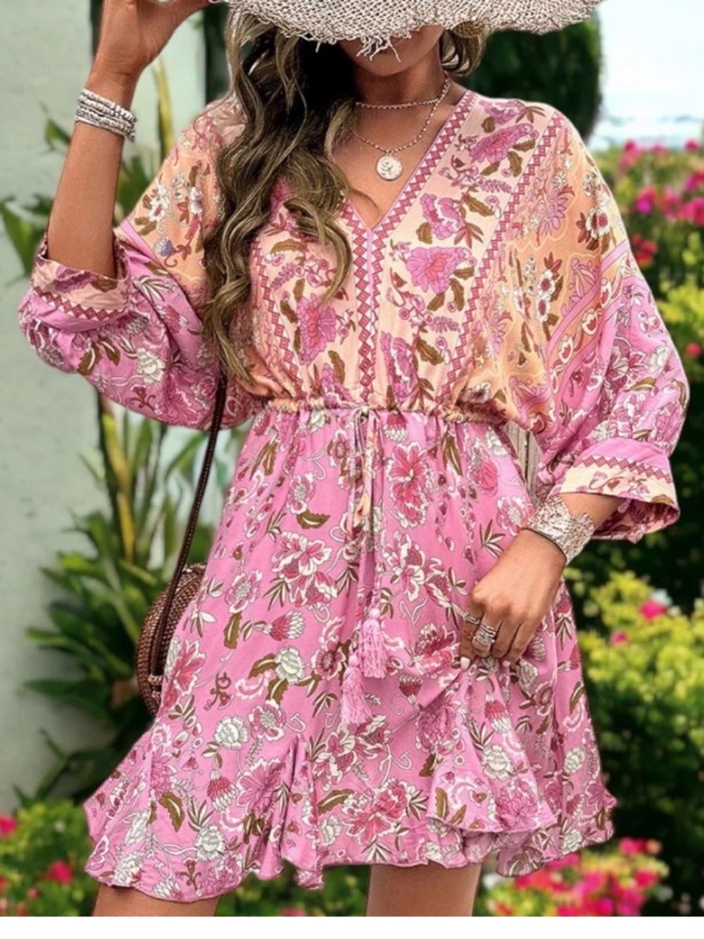 Aakaa Pink Floral Boho Tunic Dress with Drawstring Waist